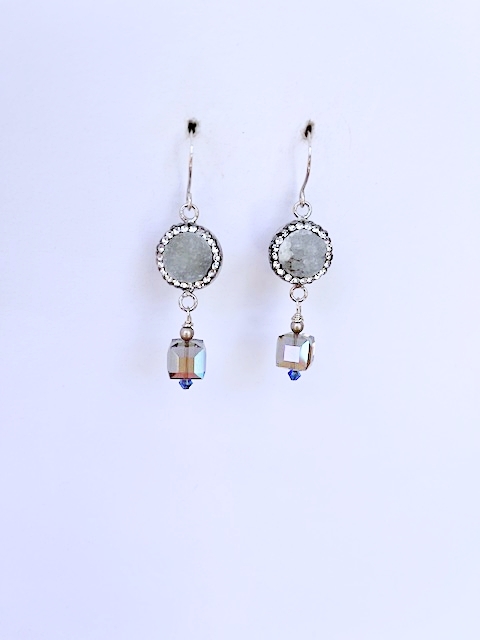 Austrian Crystal Cube {Black Diamond}, Dove Grey Druzy Earring